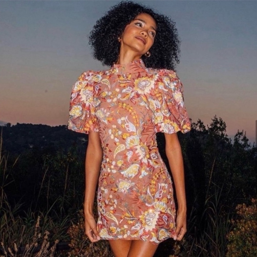 elliatt closure orange puff sleeve floral sequin mesh embellished mini dress XS